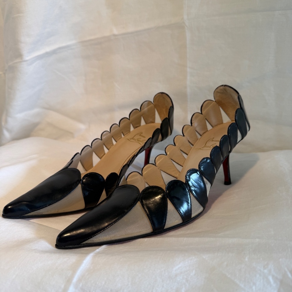 Vintage Christian Louboutin Mesh and Leather Kitten Heels - Picture 3 of 7